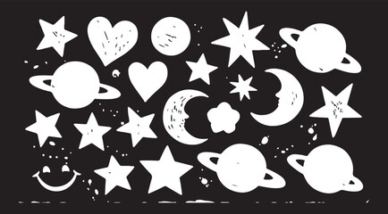 Set of childish crayon space objects and aliens isolated on white background. Vector cartoon illustration of funny chalk Earth, doodle stars, alien creatures and spacecraft © CreatAr8