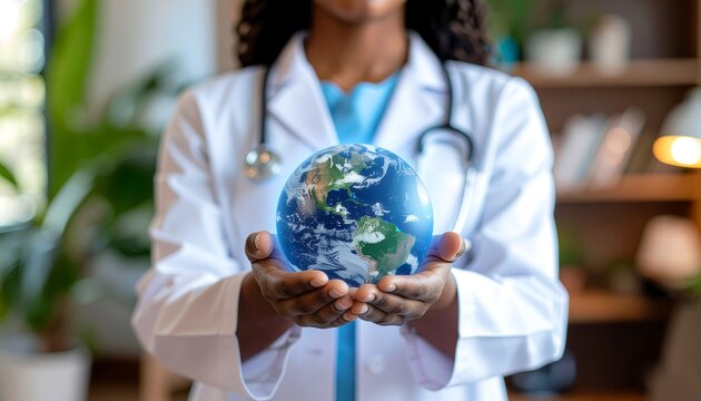 Medical professional holding a vibrant Earth, highlighting the vital role of healthcare in global well-being and environmental sustainability efforts