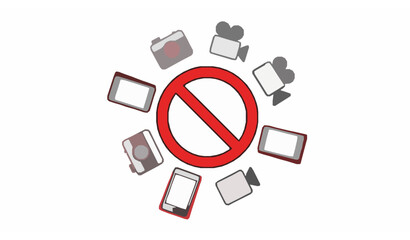 Obraz premium Prohibited devices red circle sign with camera video and phone icons modern warning vector isolated
