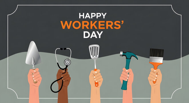 Happy workers' day celebration with diverse tools and hands