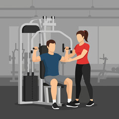 Fototapeta premium Personal trainer guiding man on chest press machine in gym