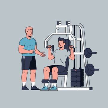 Personal trainer guiding man on chest press machine in gym
