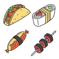 Colorful cartoon sushi and mexican food taco maki roll ebi tempura yakitori © come