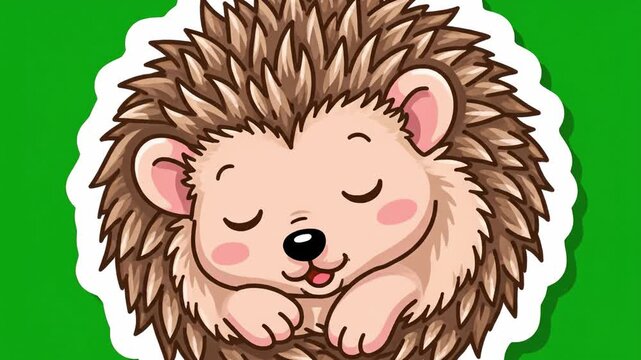 Cute hedgehog cartoon animal sleeping with brown fur, round shape, green background, adorable peaceful closed eyes, pink cheeks, playful smiling face, cheerful isolated vector illustration
