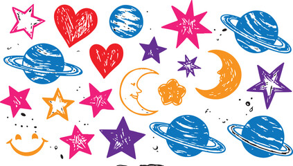 Hand drawn doodles cartoon set of space objects and symbols. Color doodle space elements on white background. Vector © CreatAr8