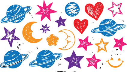 Hand drawn doodles cartoon set of space objects and symbols. Color doodle space elements on white background. Vector © CreatAr8