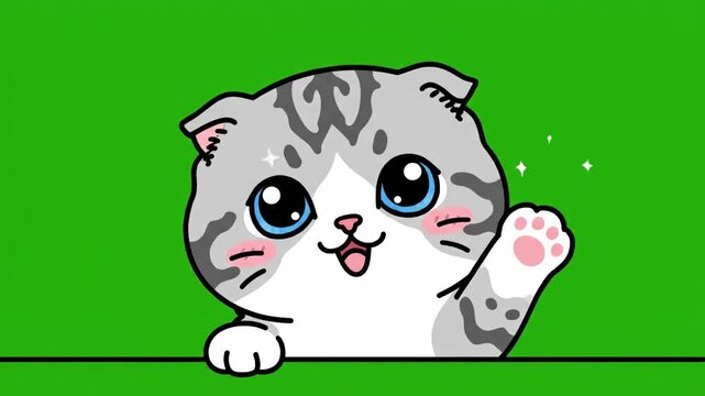 Cute cat cartoon with gray fur, blue eyes, pink paw waving, happy playful expression, green background, adorable cheerful animal illustration, kawaii vector art, friendly pet, whiskers, blush