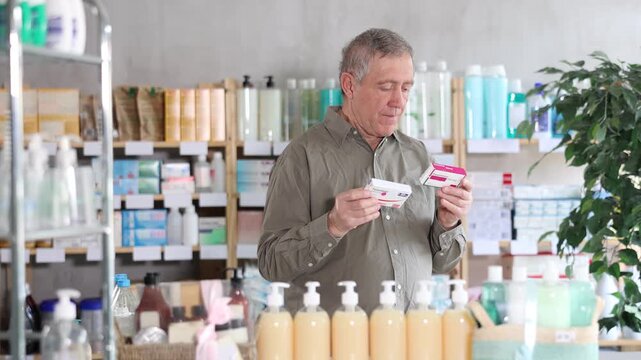 Senior man buys paracetamol pills at pharmacy and compare with other medicine, carefully reads patient information, checks composition of drug. 