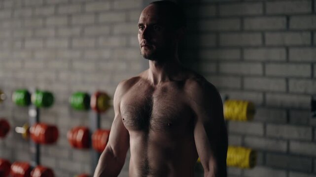 Powerful athletic man performing lateral raises with heavy weight plates in a modern gym. Slow motion footage of a bodybuilder's intense shoulder workout to build muscle and increase strength
