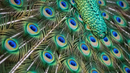 Obraz premium A vibrant peacock displays its stunning colorful feathers and intricate patterns