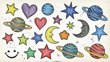 Hand drawn doodles cartoon set of space objects and symbols. Color doodle space elements on white background. Vector © CreatAr8