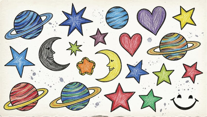 Hand drawn doodles cartoon set of space objects and symbols. Color doodle space elements on white background. Vector © CreatAr8