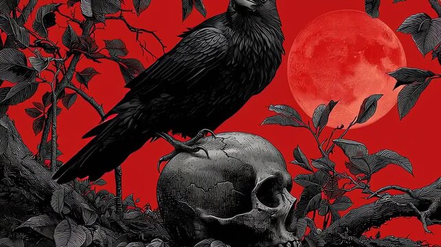 Crow Perched on Human Skull Under a Blood Moon