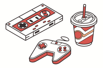 Red and white game controller cassette and soda cup retro © dada