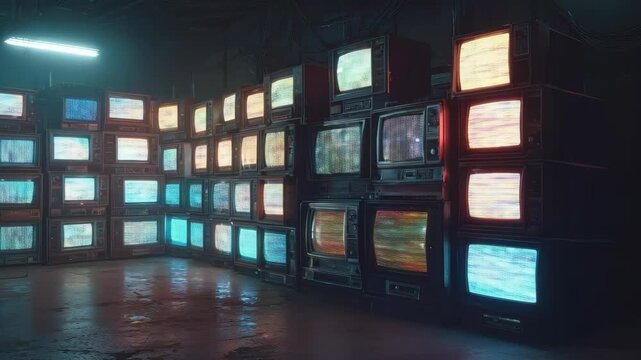 Wall of vintage CRT televisions with glowing static screens in a dark industrial room