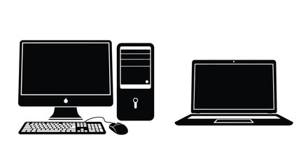 Fototapeta premium Black and white illustration of desktop and laptop computers with peripherals