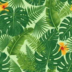 Vibrant seamless pattern featuring a variety of lush green tropical leaves and orange hibiscus flowers on a light green background, evoking a jungle or Hawaiian theme. © Teko