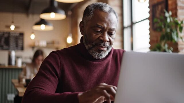 Senior Man Using Laptop in Caf?