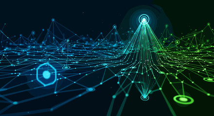 Abstract digital network visualization with glowing blue and green interconnected nodes and data lines representing complex information flow and technological infrastructure. © Teko