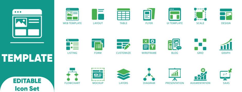 Website template and UI layout icon set. flowchart, responsive, prototype, development, layout, set, collection, and solid icons.