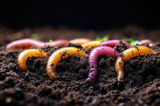 Worms are crawling in rich, dark soil, close up. Worms aerate the soil, helpful for gardening and farming.