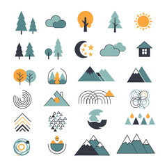 Obraz premium A collection of flat design icons representing various natural elements, weather phenomena, and abstract concepts.