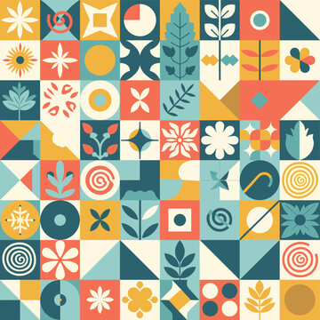 A vibrant and colorful geometric mosaic pattern featuring a variety of abstract shapes and floral motifs in a retro style.