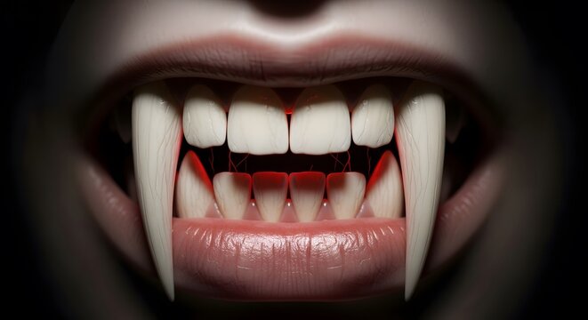 Vampire's fangs bared in dark portrait