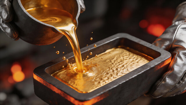 Molten liquid gold being poured into casting mold from crucible in foundry for manufacturing precious metal bars and jewelry production showing glowing sparks and industrial metallurgy process