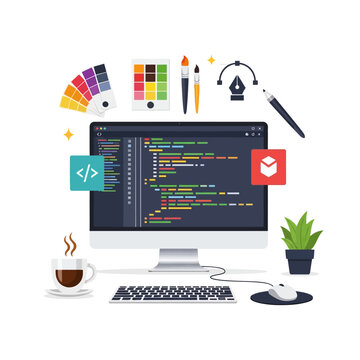 Web Development and Design Workspace: Computer, Code, Color Palette, Brushes, Coffee