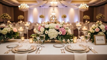 Fototapeta premium A beautifully set table in an elegant wedding reception hall with flowers and candles