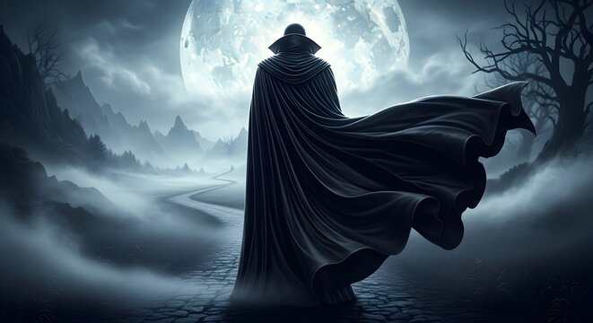 Mysterious dark figure in front of a full moon