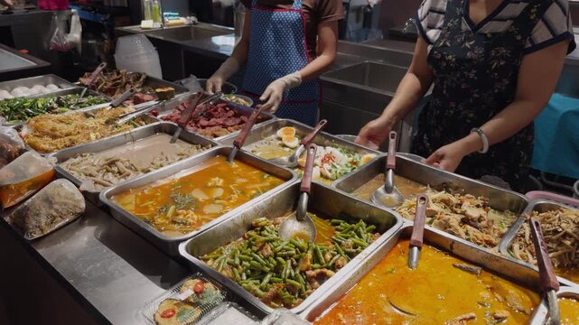Thai street food vendor serving buffet dishes, scooping food and handing meal to customer at busy local market. Authentic Asian street food and daily life scene.