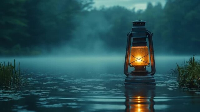 Glowing lantern illuminating a misty river at dusk
