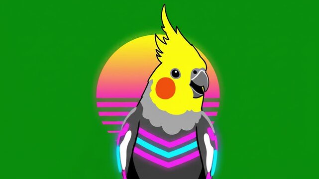 Colorful cockatiel parrot bird with yellow crest, red cheek, gray body, neon blue and pink feathers, vibrant retro sunset green background, digital art illustration, cheerful exotic tropical pet