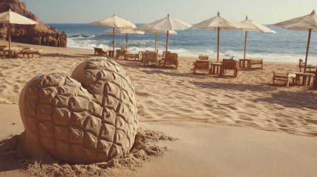Romantic beach scene with heart-shaped sand sculpture and umbrellas on calm shores under sunny sky