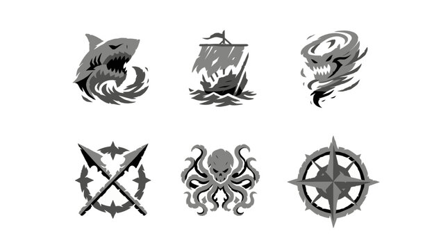 Viewing six grayscale nautical icons arranged in two rows on a plain backdrop, featuring a shark, sailboat, wave, harpoons, octopus, and compass rose