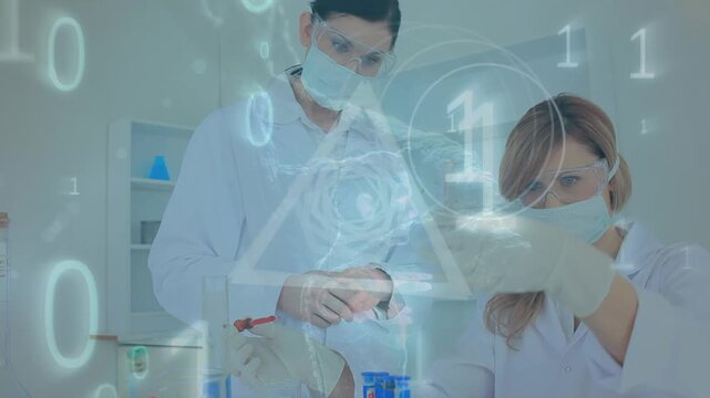 Animation of binary coding and data processing over diverse scientists in laboratory