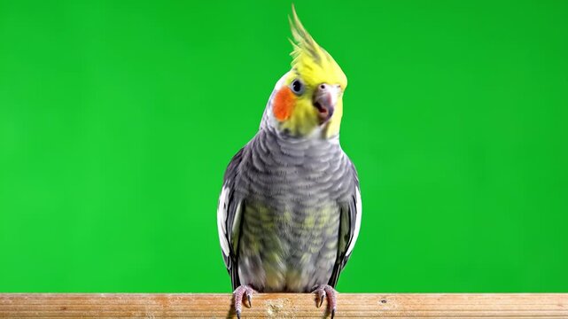 Cockatiel parrot bird with yellow crest and orange cheek perched on green background, pet feather animal tropical cheerful colorful beak eye wildlife exotic avian domestic small cute friendly singing