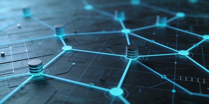 Glowing distributed database network on dark blue digital infrastructure background for cloud architecture governance monitoring and enterprise data workflow presentations