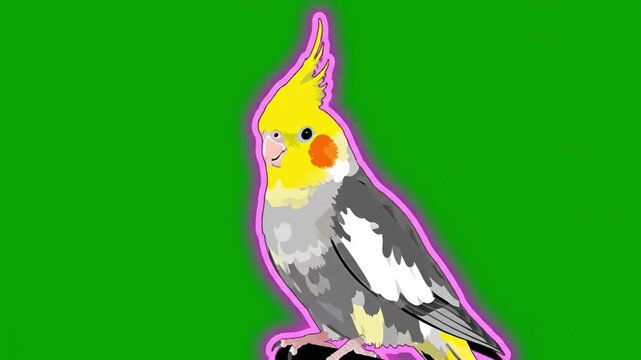 Cockatiel parrot bird with yellow crest, orange cheek, grey feather, white wing, green background, digital art cartoon style, cute pet animal, cheerful expression, tropical exotic companion