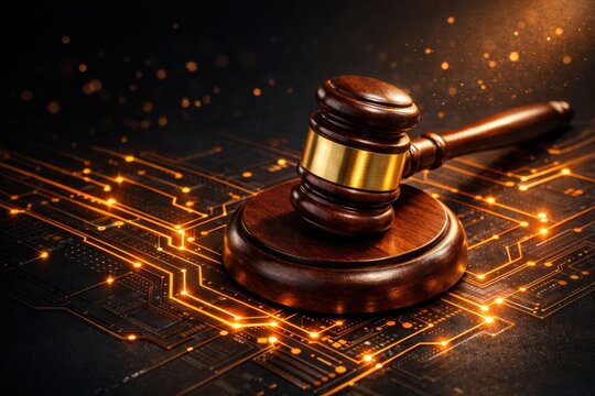 Digital Justice: A gavel rests atop a sound block, illuminated by the glowing circuit patterns, symbolizing the intersection of law and technology in the digital age.