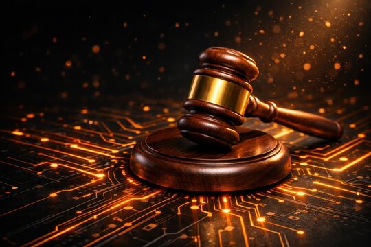 Digital Justice: A gavel rests atop a wooden block, overlaid on an intricate digital circuit board, symbolizing the intersection of law and technology in the modern age.