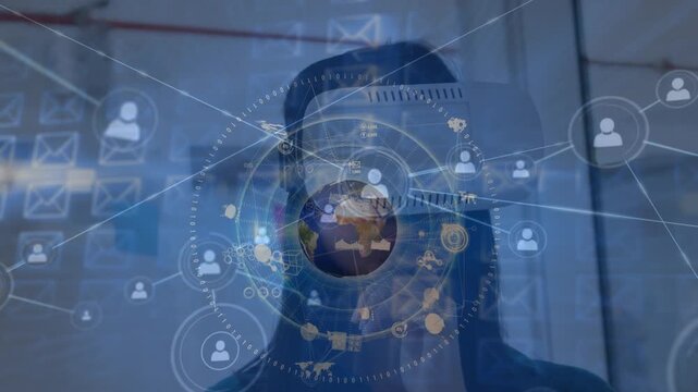 Animation of network of connections with icons over caucasian woman using vr headset