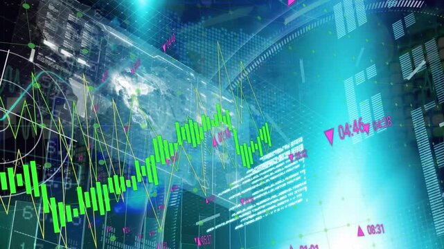 Animation of infographic interface with graphs, programming language, globe over digital clock