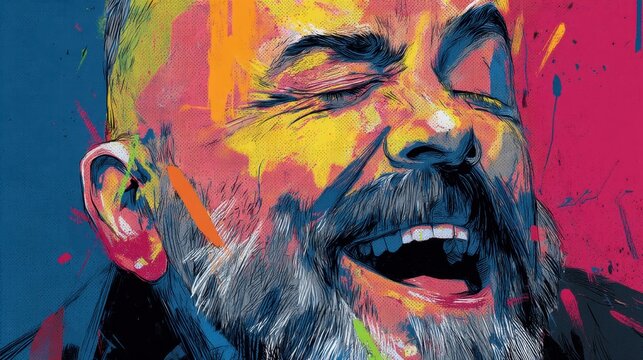 Vibrant and Expressive Portrait of a Man with a Joyful Smile Surrounded by Colorful Abstract Brushstrokes