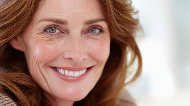 Joyful smile of confident woman with long brown hair expressing warmth and happiness in natural light setting