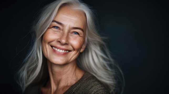Elegant elderly woman with long silver hair and bright blue eyes smiling warmly against a dark background