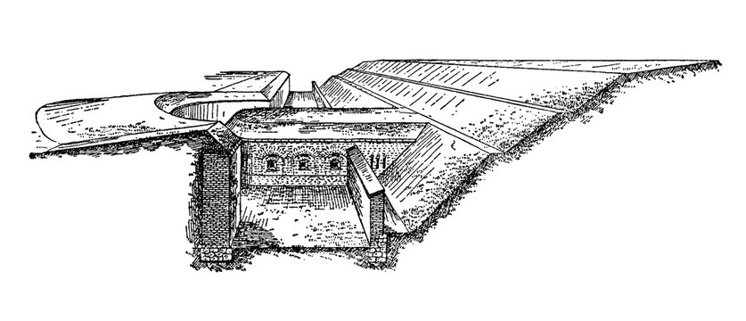 caponier, fortress with bastions and sloped walls, detailed brickwork, defensive fortification, old vintage illustration, 1895.