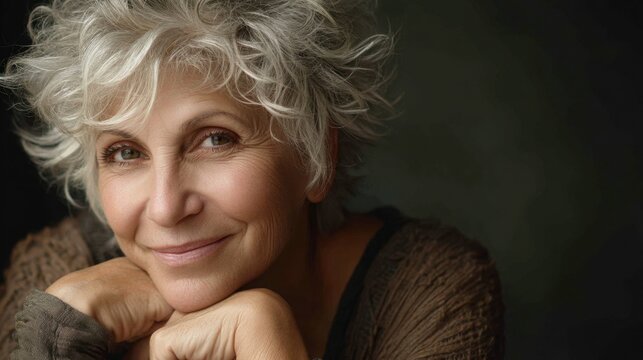 Elegant elderly woman with curly gray hair smiling warmly while resting chin on hands in a soft-lit studio setting